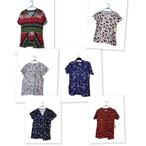 Women's Christmas Holiday Print Scrub Tops Medical Uniform Multi Medium Lot of 6